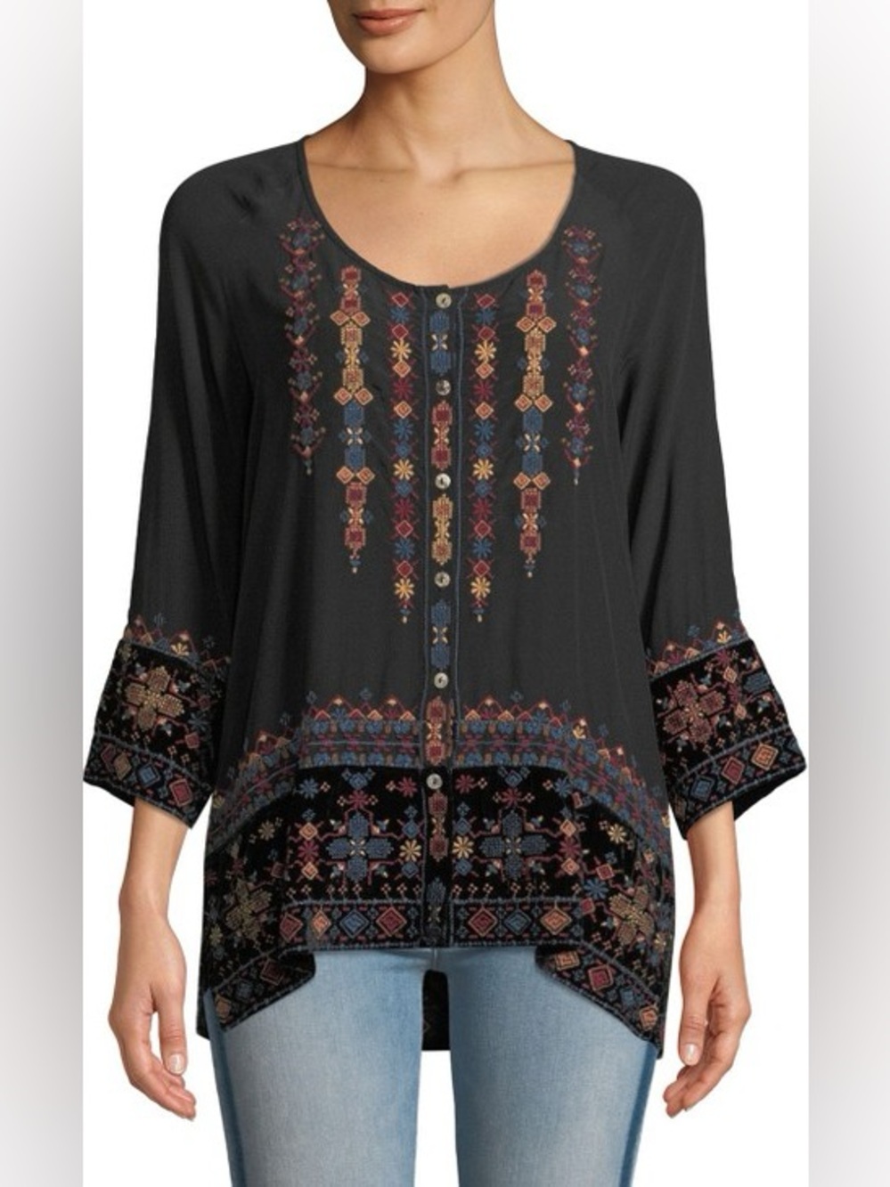 JOHNNY WAS VIKA MIXED MEDIA VELVET SILK EMBROIDERED TOP L